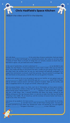 space food worksheet