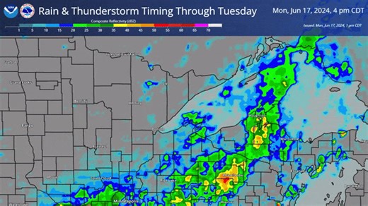 Here's a look at some timing of rain and thunderstorms from this afternoon through very early Wednesday morning. This is model output, and observed radar will not exactly match this, but it gives a good estimate of the general area of precipitation. | US National Weather Service Duluth Minnesota