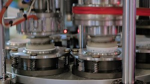 Coffee cups are being produced by fully automatic high-speed paper cup making machine at factory, exhibition - close up view. Industrial, production, recycling, equipment and technology concept Stock Video