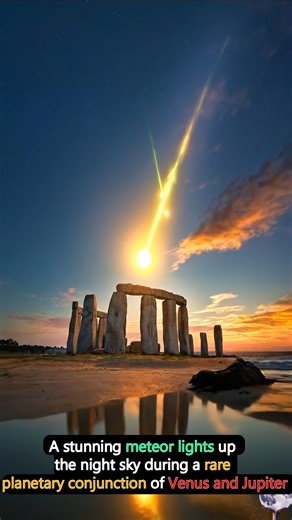 A rare alignment captured at dusk: a bright meteor streaks through Earth’s atmosphere while the Moon and a nearby planet glow beneath it, framed perfectly above Stonehenge. The meteor’s intense brightness comes from extreme friction, heating the object to thousands of degrees as it ionizes the surrounding air, creating a glowing plasma trail. The apparent proximity to the Moon and planet is a perspective effect — they are millions of kilometers apart, yet briefly share the same line of sight. Mo