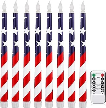 Aurelema 8 Pcs Patriotic Candles Flameless Taper Candles with Remote & Timer 4th of July American Flag Flameless Candlesticks Flickering Real 3D Real Candle for Independence Day Decor (Classic)