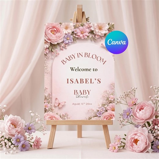Baby in Bloom Welcome Sign Editable Canva Floral Baby Shower Sign Pink Butterfly Welcome Poster Instant Download - Etsy