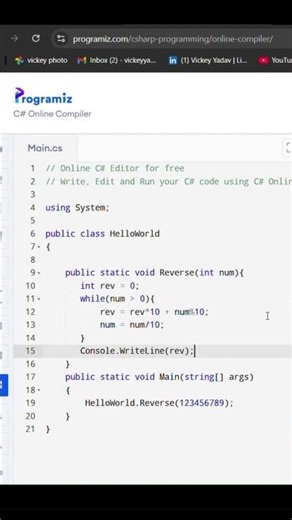 Reverse Number #csharp #coding #virelshorts #dotnet #programming #softwaredeveloper #education #fyp