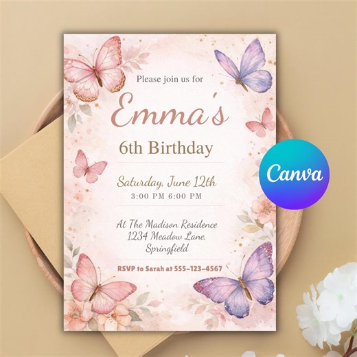 Butterfly Birthday Invitation Template | Editable Girl Butterfly Party Invite | Printable Pastel Birthday Card - Etsy