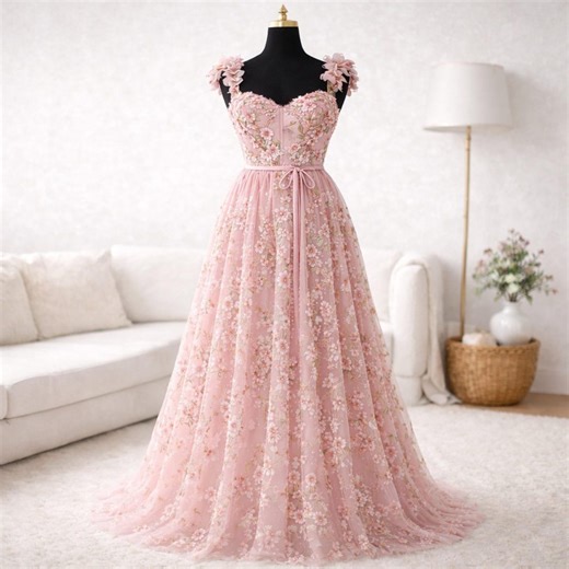 Boho Blush Pink Floral Embroidered Wedding Dress, Romantic A-line Tulle Bridal Gown, Backless Spring Fairy Party Gown - Etsy