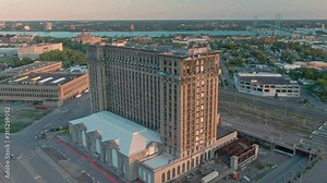 Aerial: The abandoned Michigan Central Train Depot. Detroit, Michigan, USA. 18 September 2019