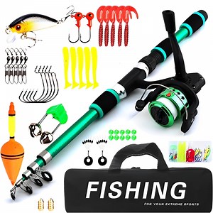 Fishing Rod and Reel Combo, 70 Inch Telescopic Casting Rod Pole with Spincast Reel, Tackle Box and Hooks Lures Swivels Carry Bag, Portable Fishing Gear Set for Beginners, Green