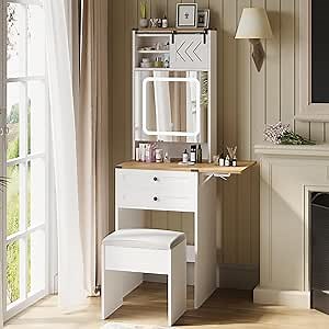 ARTETHYS Farmhouse Small Vanity Desk Set with Mirror Cabinet Mini Makeup Vanities Set with 3 Adjustable Lights and Storage Chair for Compact Space, White Dressing Table with Fold-up Panel