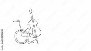 Self drawing animation of single one line draw woman sitting in wheelchair plays cello in opera concert. Disability and classical music. Physically disabled. Continuous line draw. Full length animated