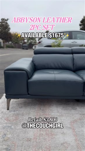 ✨AVAILABLE $1675✨ • Abbyson Kimora 2PC Top Grain Leather Sofa & Loveseat Set • Features - 100% Top Grain Leather - 1.8 High Density Foam Cushions - Adjustable Headrests - Tall, Mirrored Gunmetal Gray Legs • Dimensions - Sofa (3-seater): 93” W x 42” L x 29” H - Loveseat (2-seater): 69” W x 42” L x 29” H • Gently Used, Fantastic Condition Retail: $3800 • @thecouchgirl | The Couch Girl