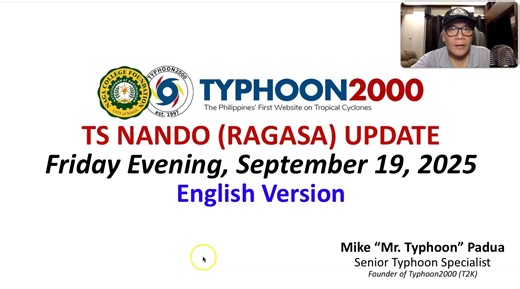 TS NANDO Update - Fri Evening, 09/19/25 (English Ver) All eyes on the upcoming potential Typhoon NANDO (RAGASA) as it is forecast to pass over Batanes and Babuyan Group of Islands on Monday evening, Sept 22. To find out more, please watch our special update recorded at 11:00 PM Manila Time (15:00 GMT) Friday, Sept 19, 2025 as presented by Typhoon Specialist, Mike “Mr. Typhoon” Padua of Typhoon2000 and Naga College Foundation. 𝗗𝗶𝘀𝗰𝗹𝗮𝗶𝗺𝗲𝗿: Information provided by 𝗧𝘆𝗽𝗵𝗼𝗼𝗻𝟮𝟬𝟬𝟬 (
