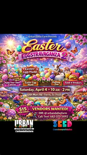 DFW… this one is for the kids AND the adults! We’re bringing the farm to life for Easter Eggstravaganza 2 at Urban Dallas Farm 🌸🐐 🥚 Easter Egg Hunt 🎨 Paint Your Own Canvas 🐐 Petting Zoo 🍔 Food Vendors 🛍 Local Vendors 🎉 Family Fun on the Farm 💰 $15 per child 📅 April 4 ⏰ 10AM – 2PM 📍 1201 Mars Rd, Ferris TX AND right after the kids event… 🍷 ADULT EASTER EGG HUNT Presented by Berkshire Farm Winery Grab your tickets through the link in their bio 👀 ⸻ 🛍 VENDORS WANTED Vendor Fee: $25 📩 