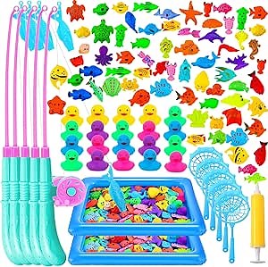 Leyndo 106 Pcs Magnetic Fishing Toys Game Set for Kids 3-6, Includes Fishing Poles, Fish Tanks, Fish Nets, Inflatable Pump, Sea Animals and Rubber Ducks for 5 Players Gifts Summer Pool Party Bath Toys