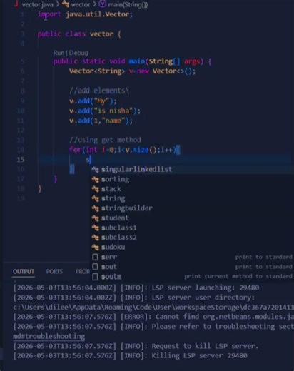 iterating the vector and loop in combination with a get () method #javaprogramming