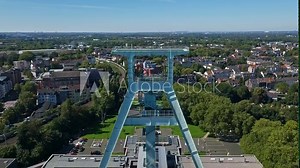 Aerial drone view of the German Mining Museum, also known as Deutsches Bergbau-Museum Bochum. This major museum showcases the history and technology of mining, featuring mineral specimens .