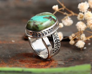 Turquoise Ring, Nature Leaf Ring, 925 Sterling Silver Ring, Boho Ring for Women, Etched Leaves Ring, Big Stone, Bohemian Turquoise Jewelry - Etsy