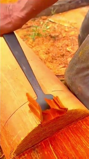 shaping a large wooden log by removing thick layers of timber using a traditional sharp metal chisel