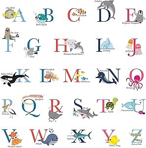 DECOWALL DS-8040 A-Z Ocean Alphabet Kids Wall Stickers Wall Decals Peel and Stick Removable Wall Stickers for Kids Nursery Bedroom Living Room (Small) d?cor