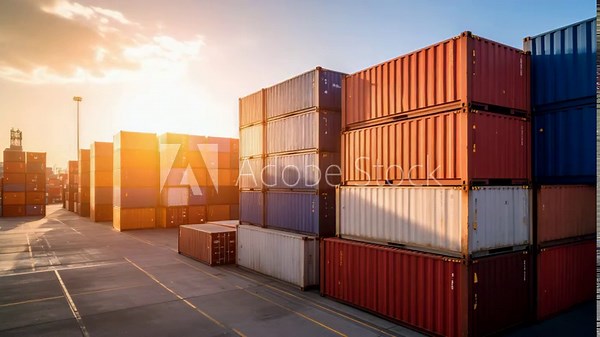 Stacked shipping containers at a port during golden hour with warm sunrays and clouds