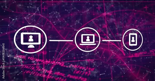 Monitor icon appearing triggers laptop+phone emerging, linking and pulsing to show devices syncing