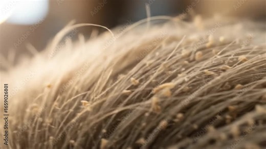 Detailed close-up of human hair infested with lice eggs, also known as nits and common symptoms of