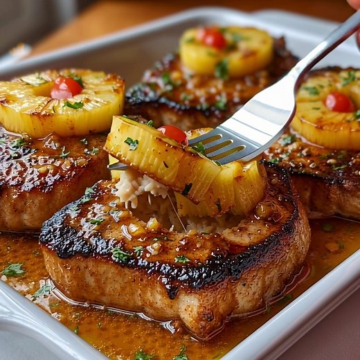 🍍 Pineapple Ginger Pork Chops 🍯🔥 Juicy, tender pork chops glazed with a sweet and tangy pineapple-ginger sauce — this tropical dinner brings restaurant flavor straight to your kitchen. Each bite is bursting with caramelized pineapple goodness and melt-in-your-mouth tenderness! 🥩 Ingredients For the Pork Chops: 4 bone-in pork chops (about 1 inch thick) 1 tablespoon olive oil 2 tablespoons unsalted butter, cut into 4 pieces Optional Brine (for extra juicy chops): ¼ cup kosher salt 4 cups warm 