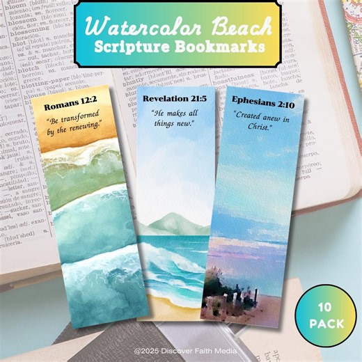 Watercolor Beach Scripture Bookmarks | Printable PDF | Christian Bible Verse Bookmarks | Christian Faith Gift | Instant Download | 10 Pack