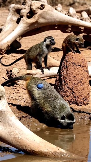 Dwarf Mongoose vs Vervet Monkey on the a skeletal coast beach strewn with whale bones