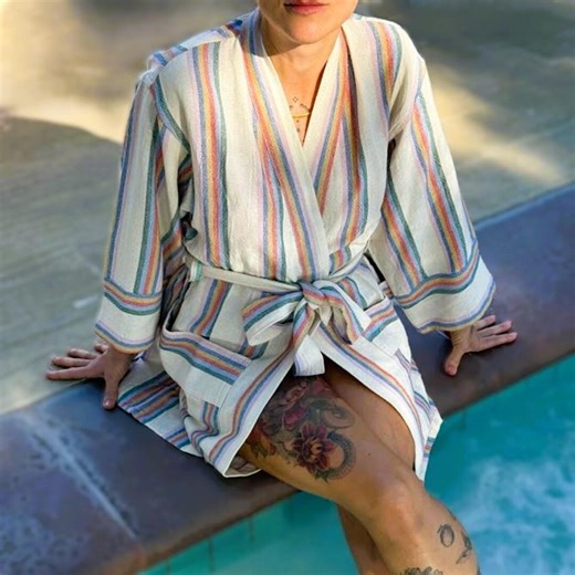 Striped Short Cotton & Linen Robe: Lightweight Bath and Beach Kimono