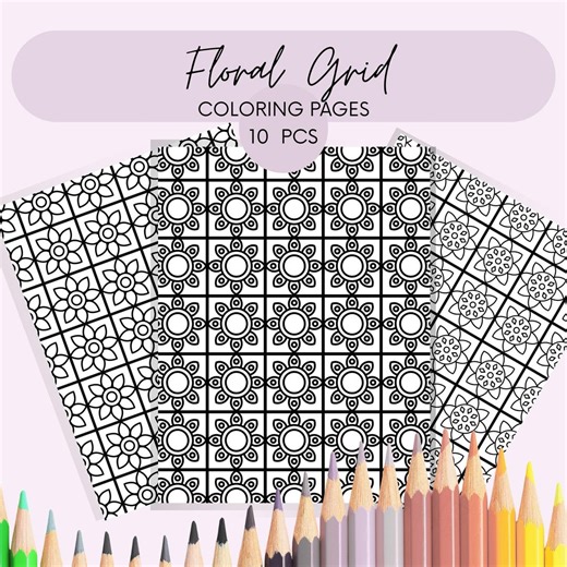 Satisfying Pattern Coloring Pages for Adults. Printable PDF. Easy Geometric Floral Grid Coloring Sheets. - Etsy