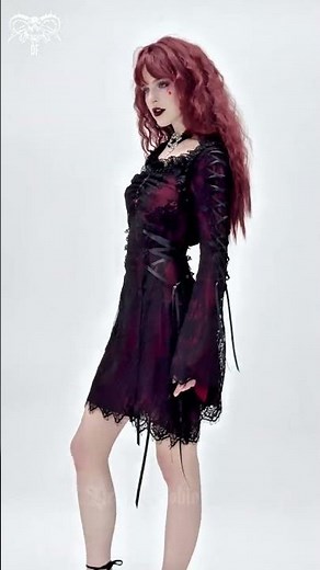 SKT24502 Women's Gothic Floral Embroidered Lace-up Square-cut Collar Lace Dress #goth #fashion