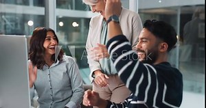 Computer, excited and business people in office with celebration, solution and high five for problem solving. Team, ceo and software developers for bug fixing, system update and applause for success