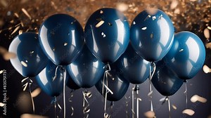 Cluster of deep blue balloons against a dark backdrop. Golden sparkles scattered around, creating an enchanting atmosphere. Balloons have a lustrous sheen, reflecting ambient light.