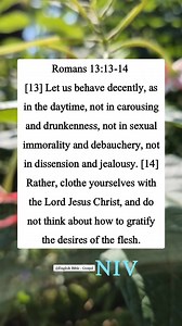 Romans 13:13-14 [13] Let us behave decently, as in the daytime, not in carousing and drunkenness, not in sexual immorality and debauchery, not in dissension and jealousy. [14] Rather, clothe yourselves with the Lord Jesus Christ, and do not think about how to gratify the desires of the flesh. | English Bible - Gospel