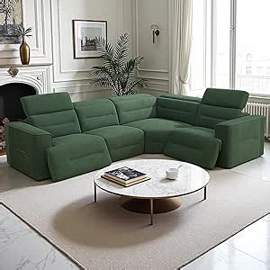 Power Recliner Sectional Sofa Set with USB Ports, Flannel Recliner Sofa Set with Adjustable Headrest, Reclining Sectional Couches, L-Shaped Living Room Furniture Set (Green, 4-Seater)