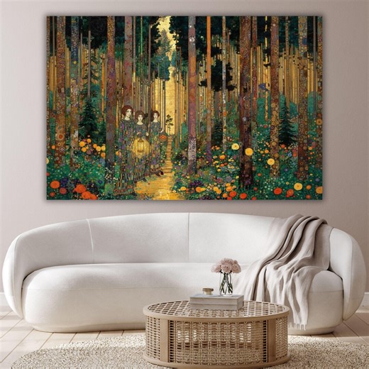 Gustav Klimt Forest Canvas Art, Art Nouveau Pine Tree Wall Decor, Golden Autumn Woodland Painting, Symbolist Nature Gift, Modern Home Art - Etsy