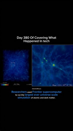 Tech in 24 hours on Instagram: "Researchers used the Frontier supercomputer to conduct the largest astrophysical simulation to date, simulating both atomic and dark matter across universe-sized scales. This was facilitated by advancements in HACC, a code developed to run on exascale-class supercomputers, now capable of performing quintillion calculations per second. This breakthrough in cosmological hydrodynamics simulations will aid in matching observational data with theoretical models. #tech 