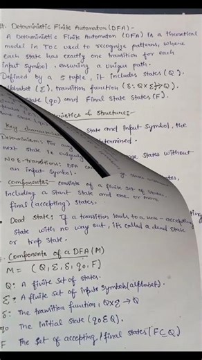 DFA define in shorts notes... deterministic finite Automaton..#toc Shorts theory of computation