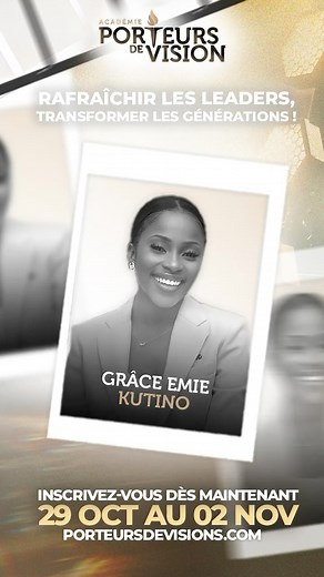 ACADÉMIE PORTEURS DE VISION on Instagram: "Et si le choix de Dieu se portait sur vous ? Alors que vous portez une vision, être équipé est plus que jamais une priorité. N’attendez plus ! Votre place est avec nous. Nous aurons le plaisir d’accueillir le pasteur @gracekutino ces 29 octobre au 02 novembre 2024 à l’Académie Porteur de Vision. 🔥 Rendez-vous sur Porteursdevision.com vos billets présentiels et distanciels sont disponibles 🎓 #apdv #rafraîchissement"