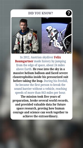In 2012, Austrian skydiver Felix Baumgartner made history by leaping from the edge of space—24 miles above Earth. Rising in a giant helium balloon, he battled severe claustrophobia inside his pressurized suit before taking the ultimate plunge. During his breathtaking freefall, he became the first person to break the sound barrier without a vehicle, reaching speeds over 843 mph. The daring mission took five years of preparation and broke multiple world records, blending science and bravery to pus