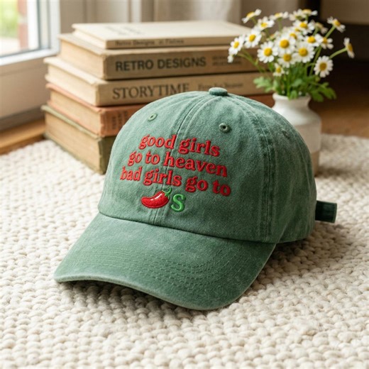 Embroidered Chili Pepper Hat, "Bad Girls Go to Chili" Gag Cap