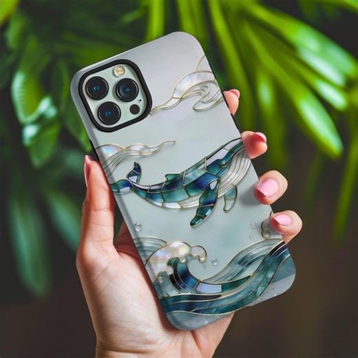 Stained Glass Whale Phone Case: Sea Life Samsung iPhone Case, Coastal Wave Design, Marine Animal Cover, Beach Lover Gift - Etsy