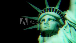Statue of Liberty on jumpy glitch old lcd led computer screen display seamless loop animation black background - new quality national pride colorful joyful video footage