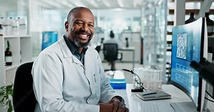 Black man, scientist and smile for biotechnology, analysis and biomedical research with dna in laboratory. Computer, specialist person and genome editing for Alzheimer cure, clinic trail and expert
