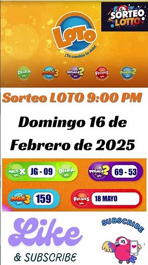 Sorteo LOTO 9:00 PM, Domingo 16 de Febrero de 2025 #lotonicaragua @LotoNicaragua ​