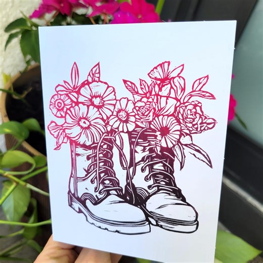 Flower and Boots Greeting Card Linoleum Block Print - Etsy