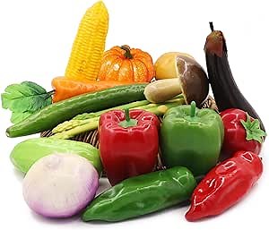 17 Pcs Artificial Vegetables, Fake Vegetables Lifelike Faux Pepper Potato Pumpkin Tomato Carrot Onion Mushroom Eggplant Cucumber Asparagus Decorations for Home Kitchen Festival Christmas