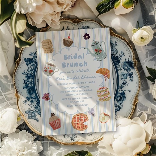 Garden Bridal Shower Brunch Invitation Whimsical Blue Striped Tea Party Bridal Shower Invite Template - Etsy