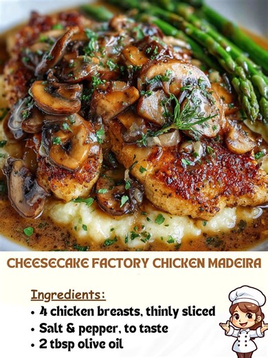 Cheesecake Factory Chicken Madeira Ingredients 4 chicken breasts, thinly sliced Salt & pepper, to taste 2 tbsp olive oil 1 tbsp butter 1 cup mozzarella cheese, shredded 1 lb fresh asparagus, trimmed For the Madeira Mushroom Sauce: 1 tbsp butter 8 oz mushrooms, sliced 2 cloves garlic, minced 1 cup Madeira wine 1 cup beef broth (or chicken broth) ½ cup heavy cream 1 tbsp cornstarch 1 tbsp water (optional, for thickening) Fresh parsley, chopped (for serving) 👩‍🍳 Instructions 1. Cook the Asparagus