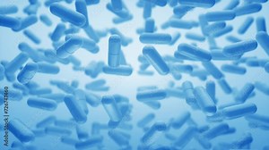 Capsules are moving upward on a blue background. Tablet pills capsules float slowly in slow motion. 3d Loop Animation, 4K Stock Video